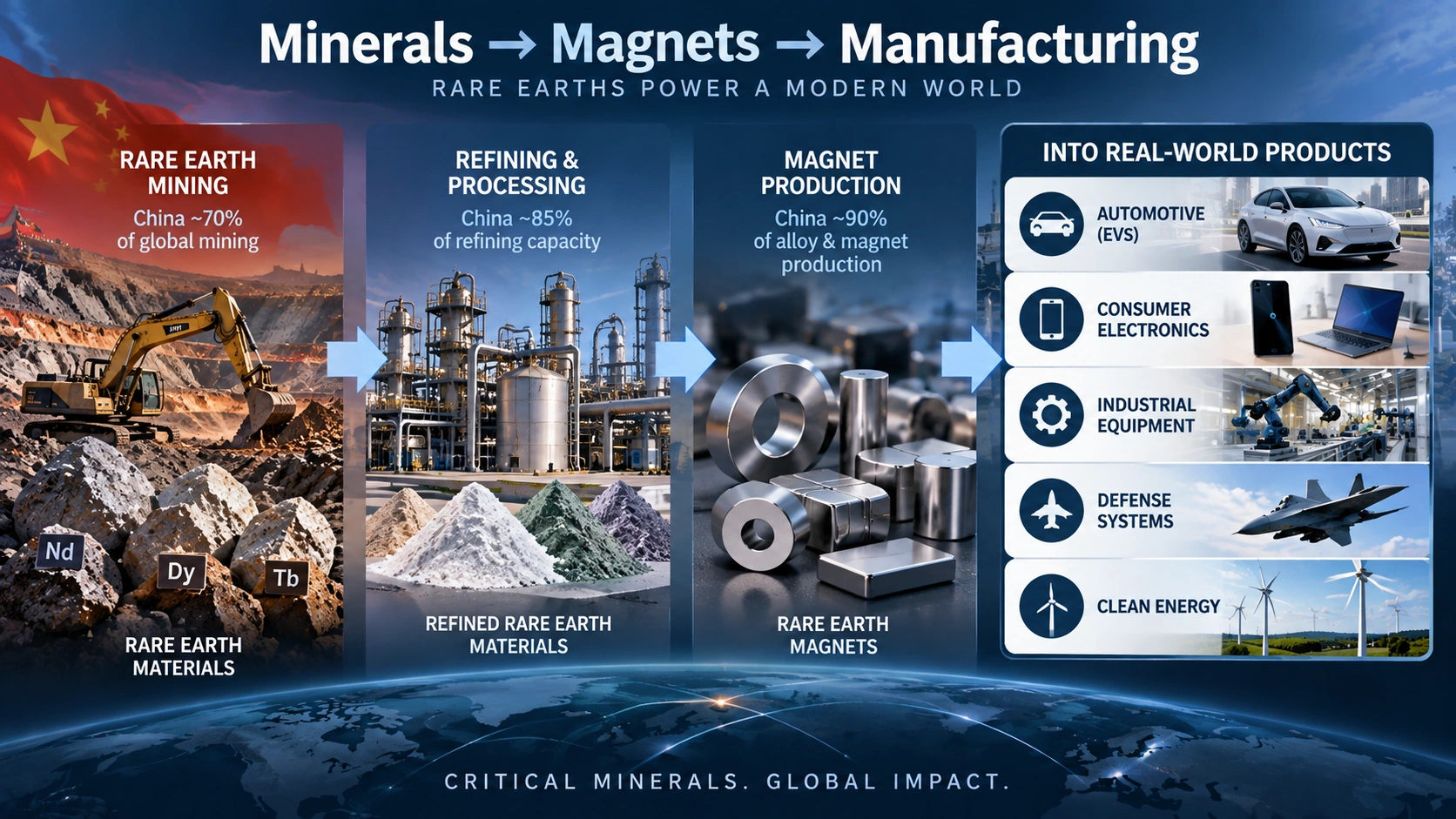 Supply-chain diagram showing how Chinese rare-earth mining and processing connect to U.S. autos, electronics, defense, and technology manufacturing