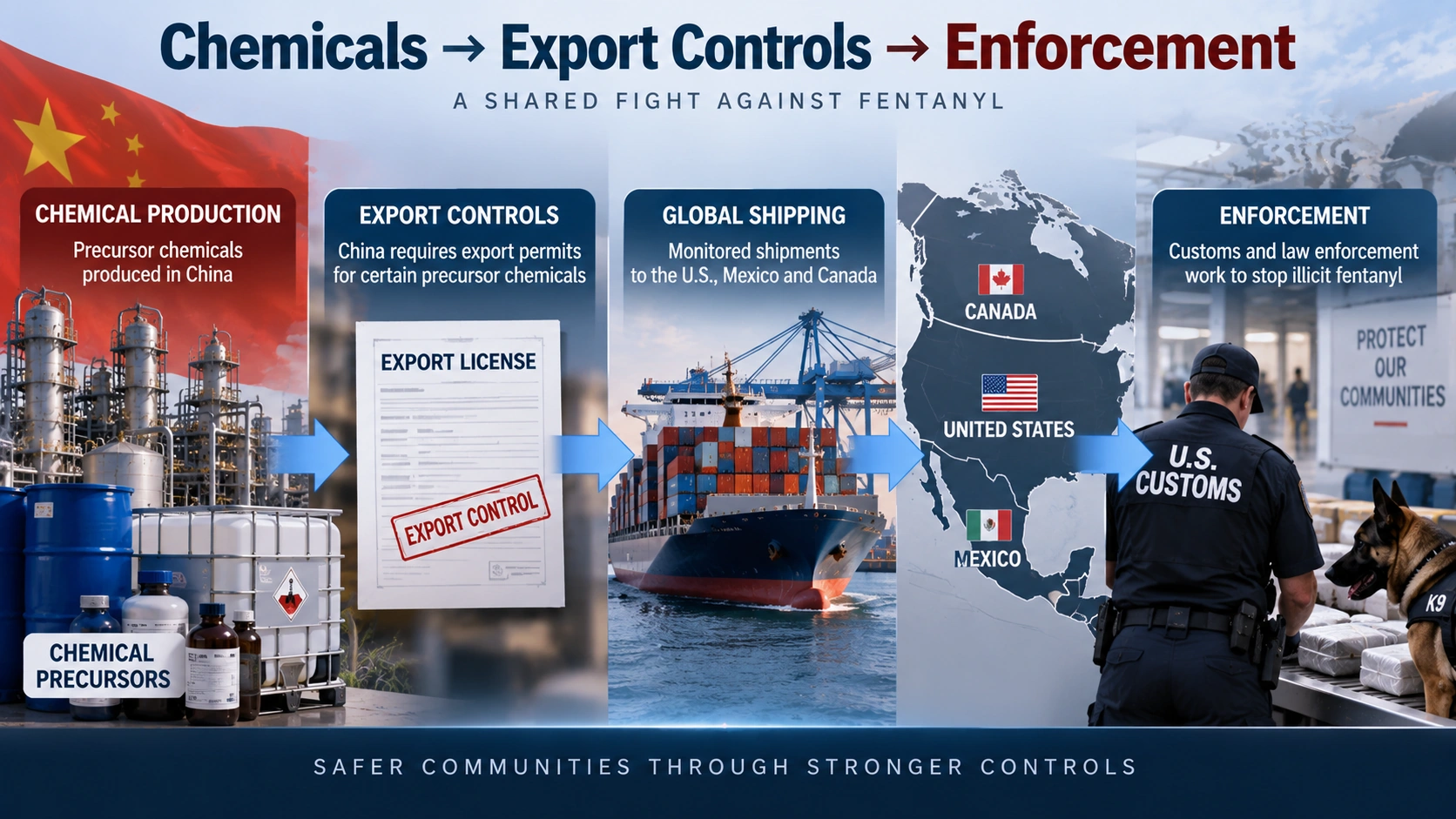 Diagram showing how chemical export controls in China connect to fentanyl enforcement concerns in North America
