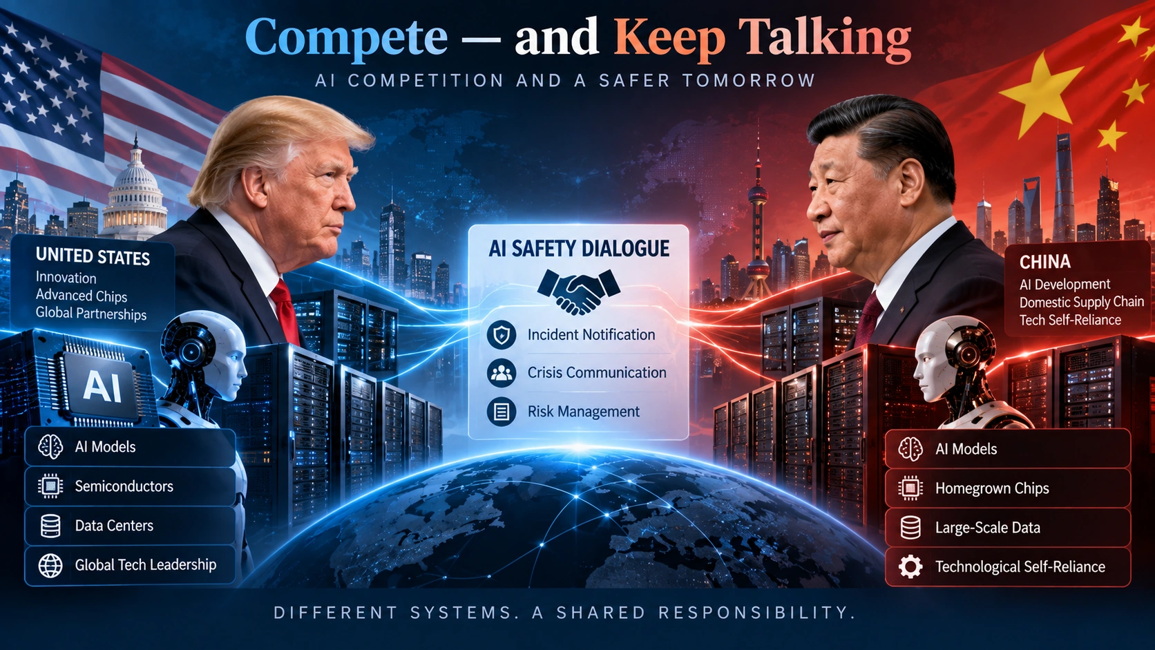Editorial infographic showing U.S.-China AI competition alongside a proposed AI incident-notification channel