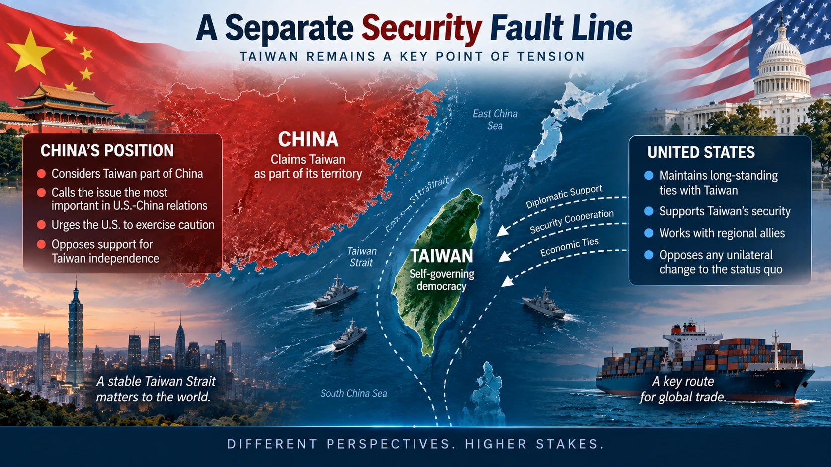Neutral map-style infographic showing the United States, China, and Taiwan as a sensitive security relationship discussed around the Trump-Xi summit