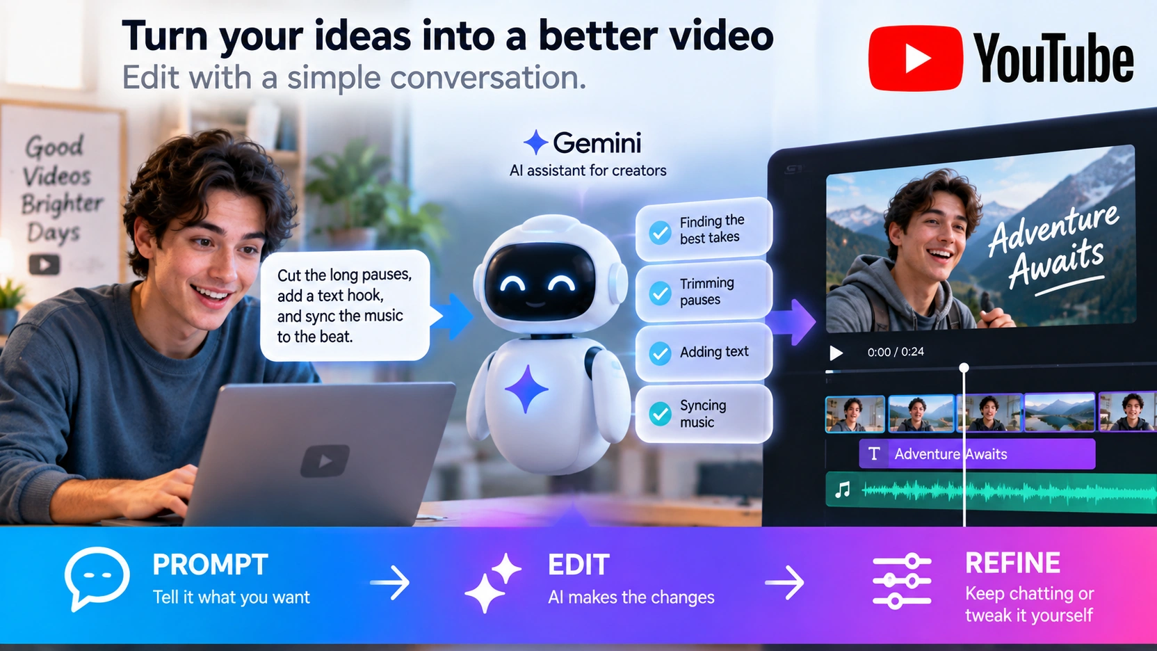 Infographic showing examples of natural-language video editing tasks including trimming pauses, reordering clips, adding text, and syncing music