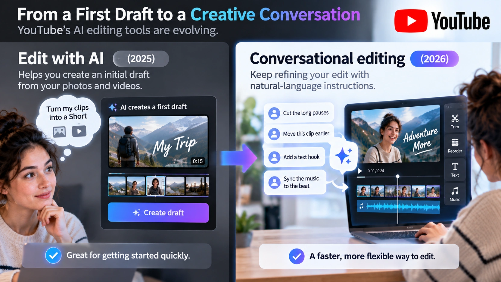 Comparison between YouTube Edit with AI and the newer conversational editing workflow