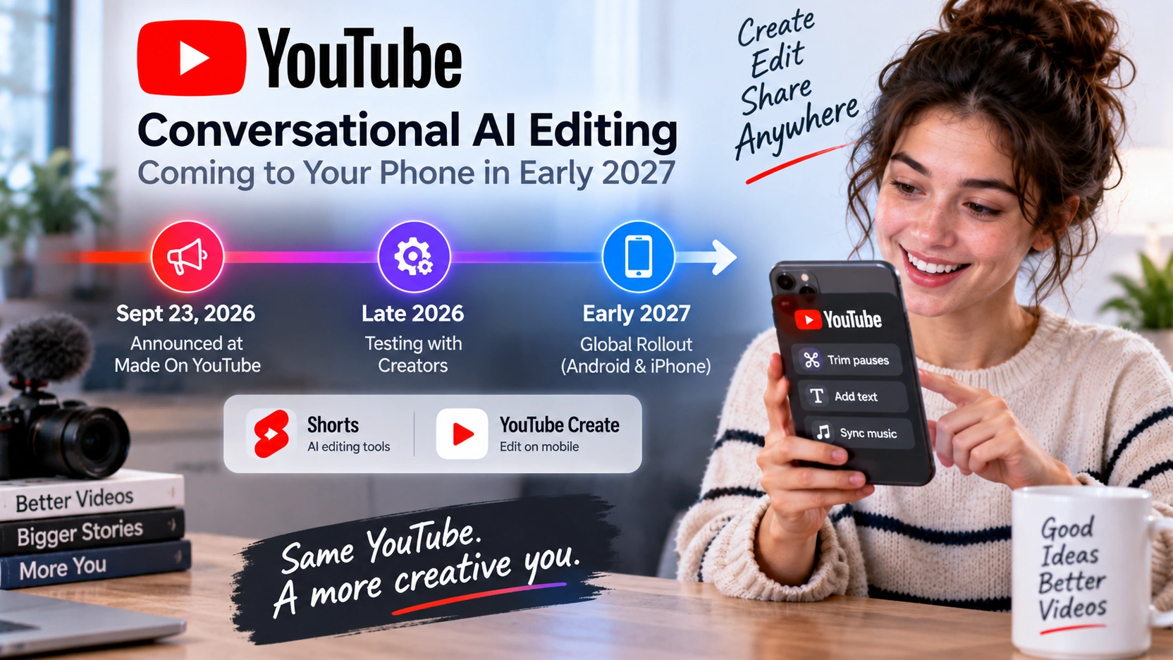 Timeline showing YouTube’s September 2026 announcement and planned early 2027 global rollout of conversational editing