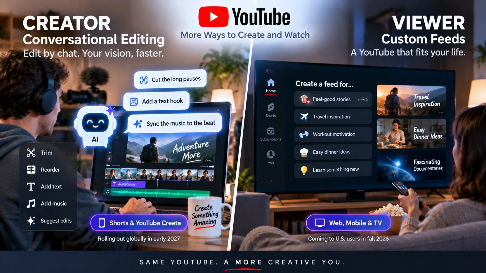 Illustration comparing YouTube conversational editing for creators with Custom Feeds for viewers