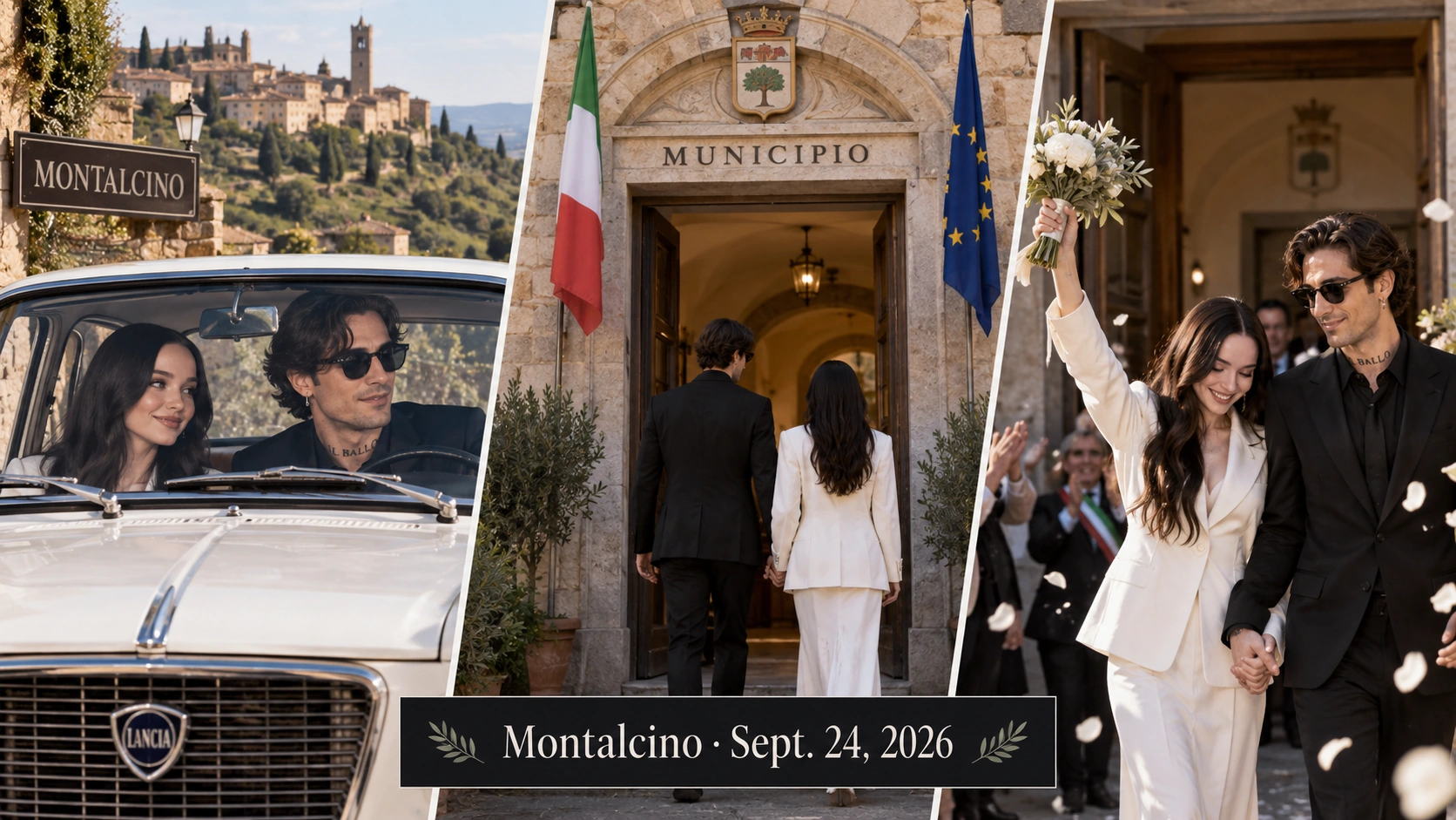 Editorial illustration of Dove Cameron and Damiano David arriving for their civil wedding ceremony in Montalcino