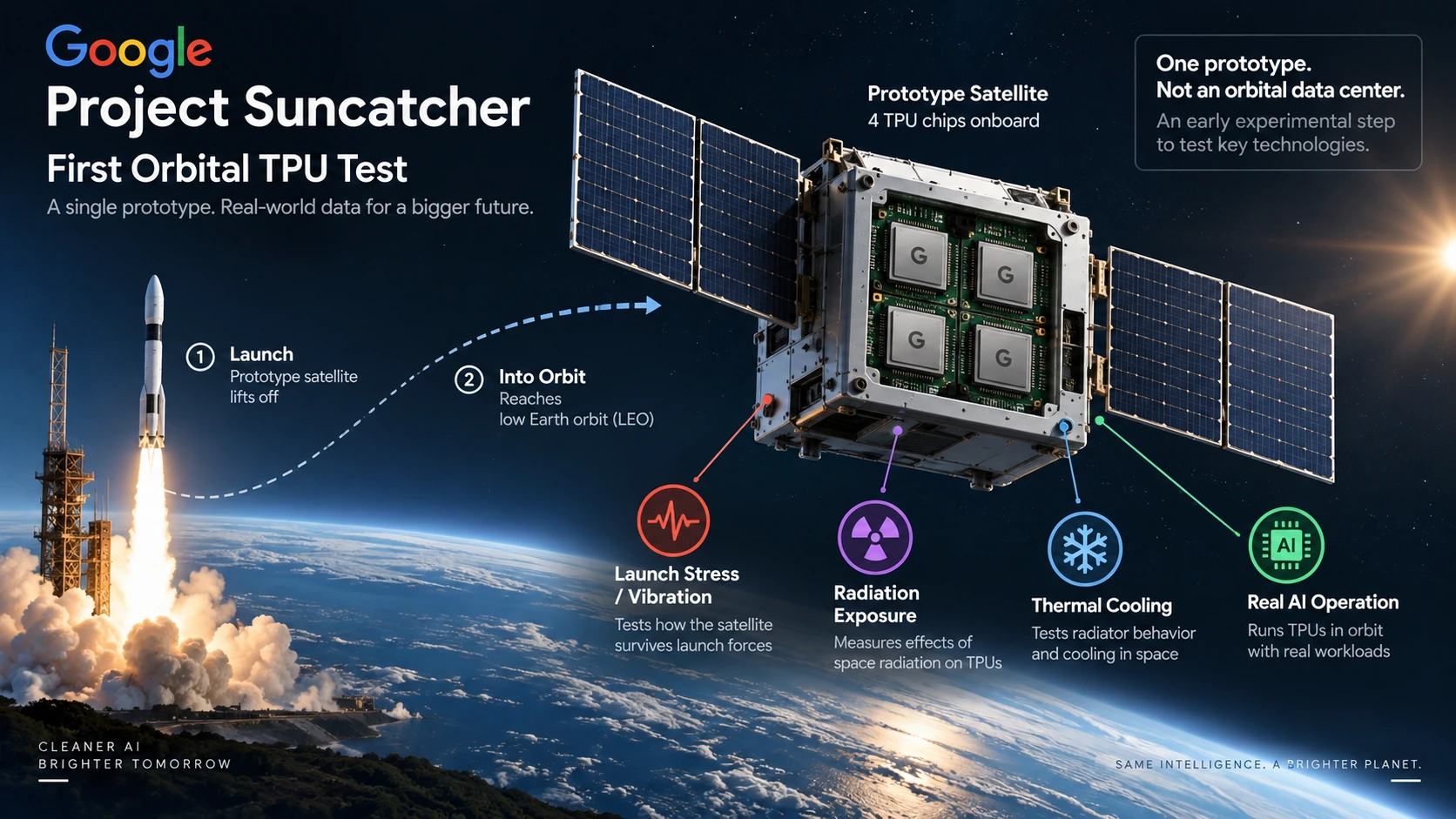 Diagram showing Google’s first Project Suncatcher satellite carrying four TPUs into low Earth orbit