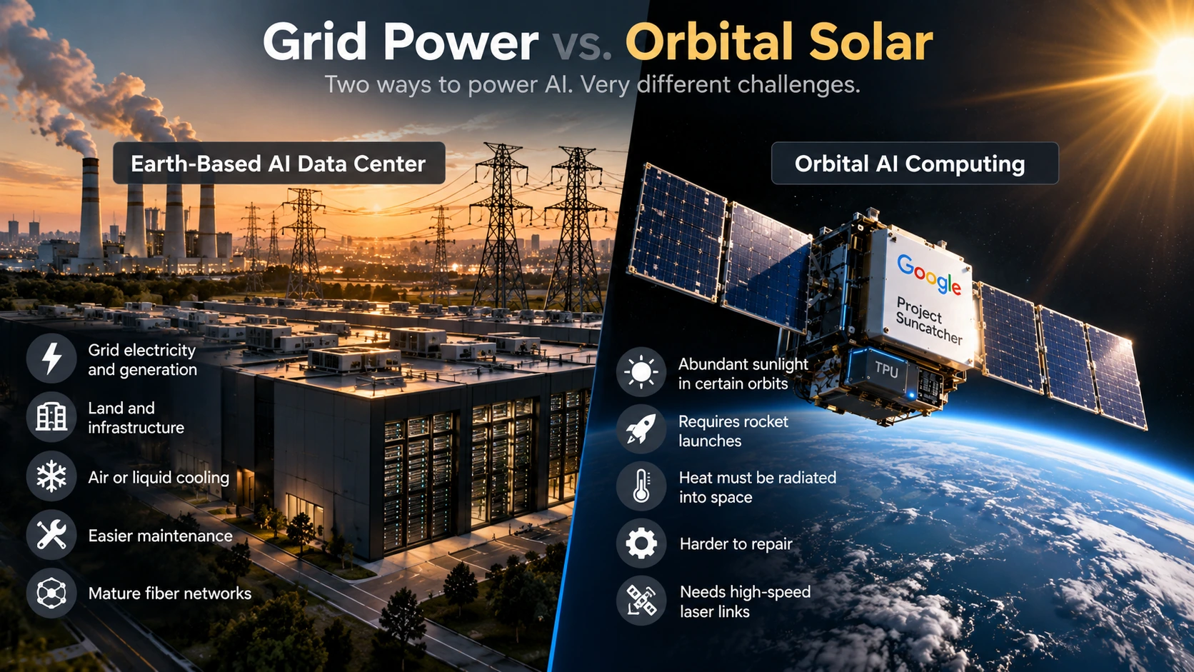 Comparison of an Earth-based AI data center drawing grid power and a solar-powered AI satellite in orbit
