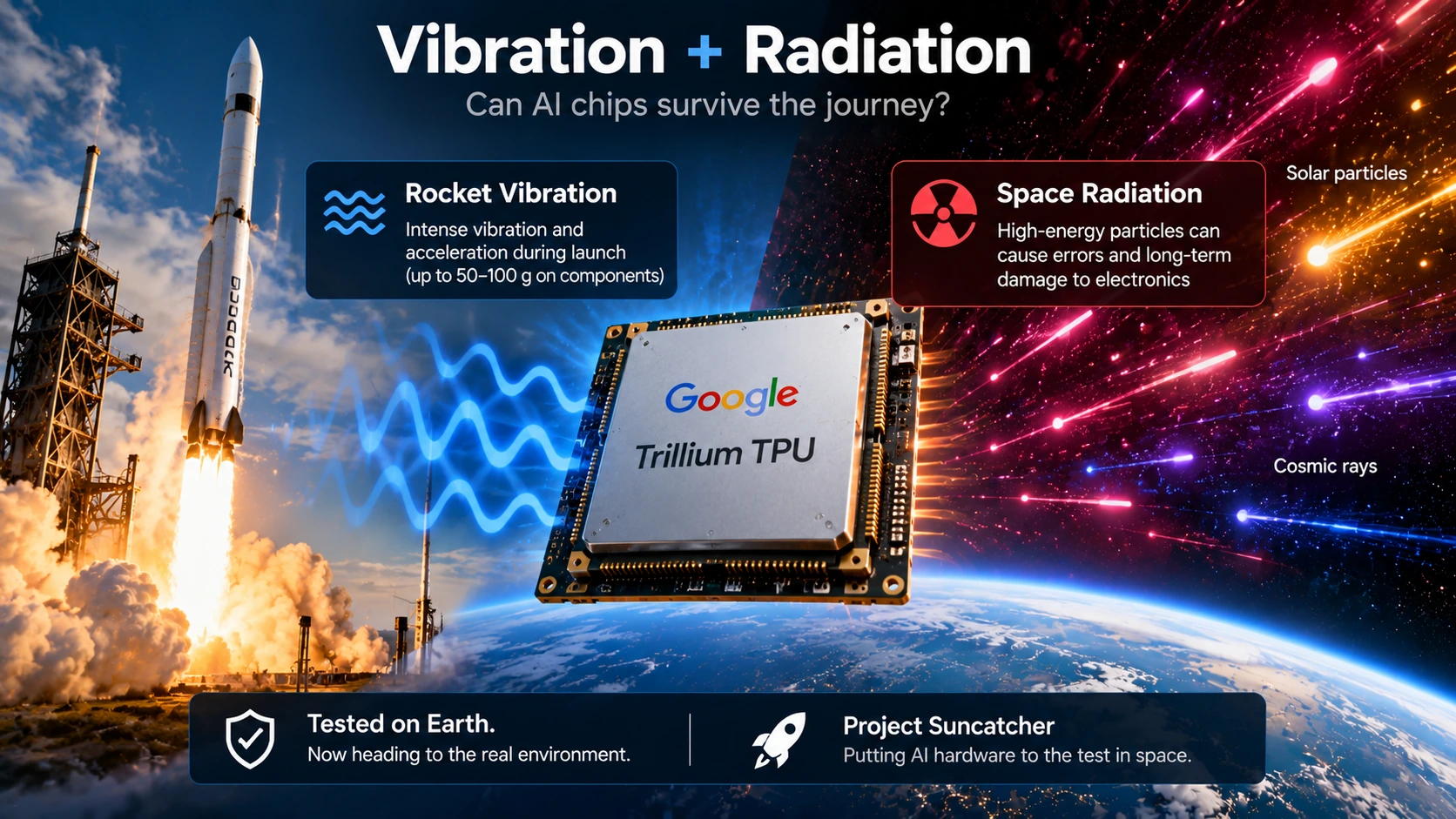 Illustration showing a Google Trillium TPU facing rocket vibration and radiation in low Earth orbit