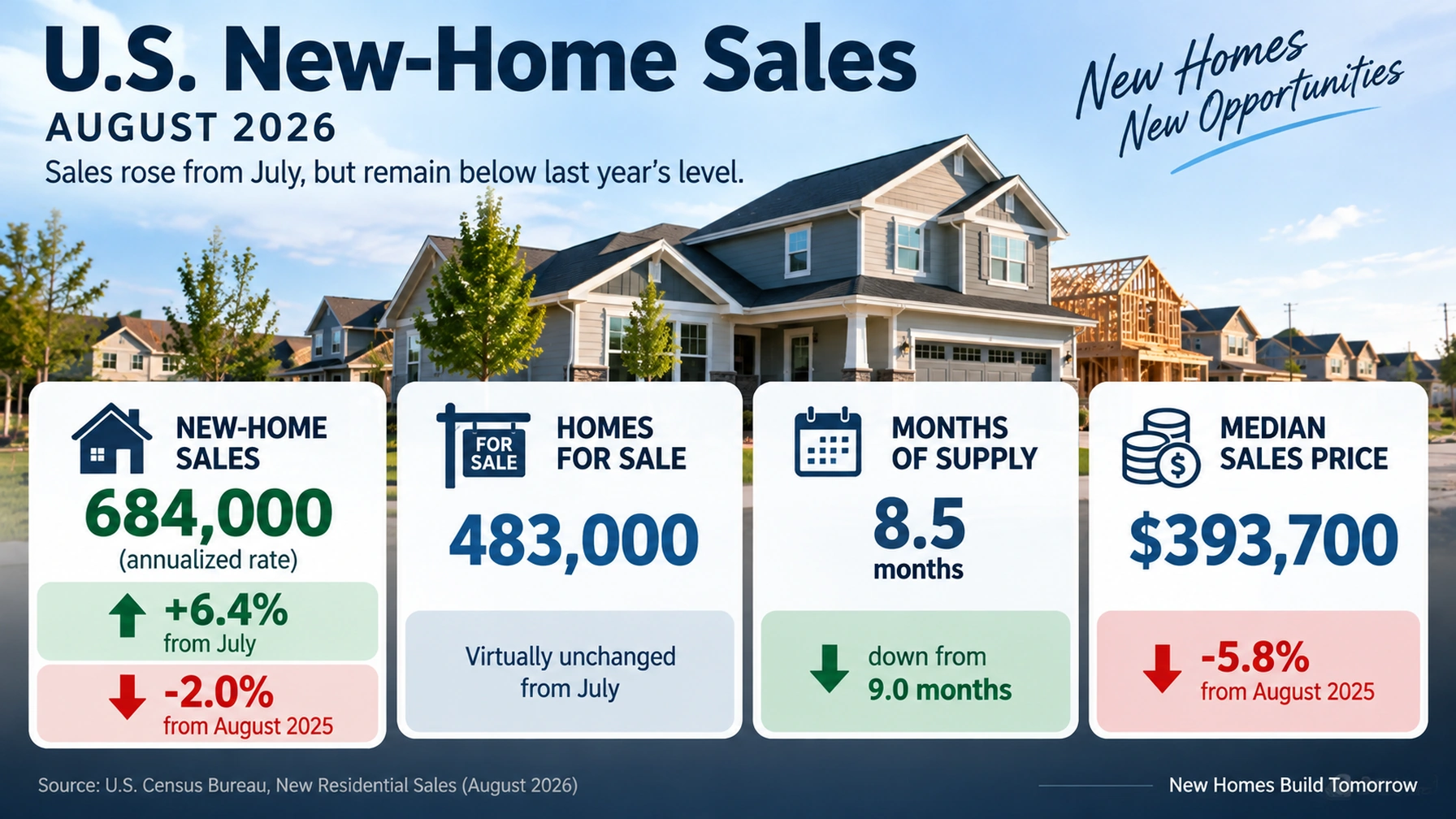 Infographic showing August 2026 U.S. new-home sales, inventory, supply, and median price