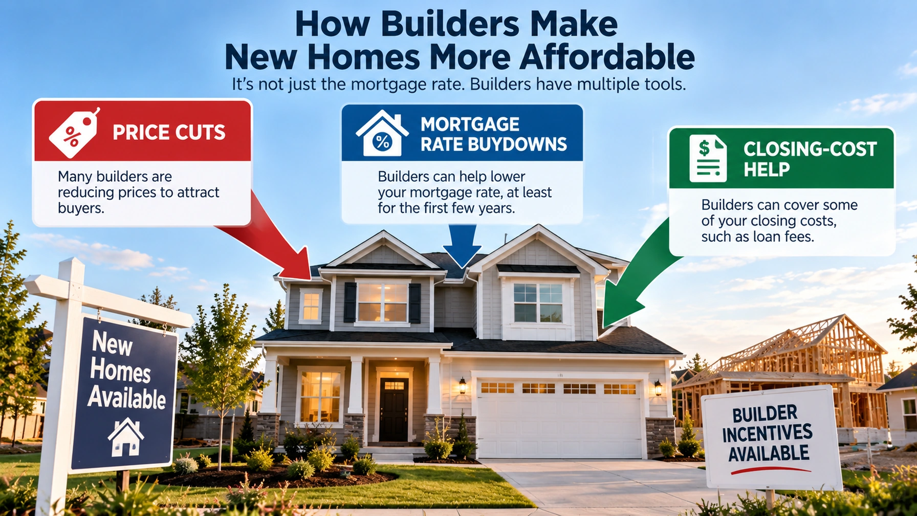 Diagram showing how home builders can use price cuts, mortgage rate buydowns, and closing-cost incentives