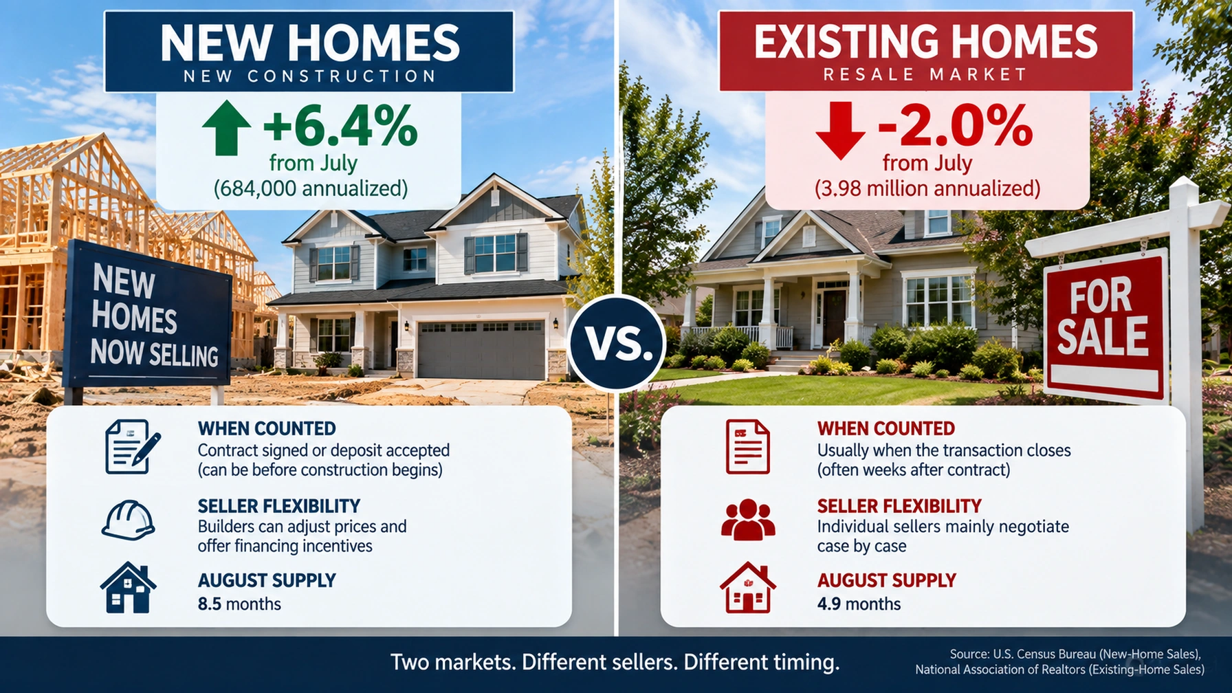 Comparison graphic showing new-home sales rising while existing-home sales fell in August 2026
