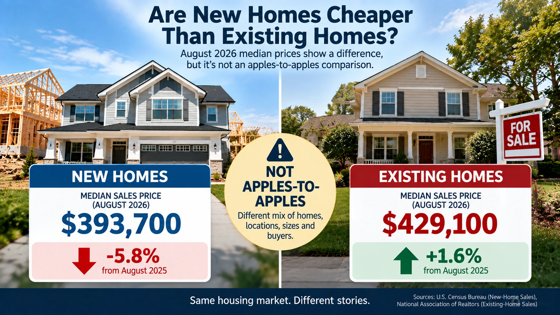 Price comparison showing August 2026 median new-home and existing-home sale prices with a caution that the medians are not directly comparable