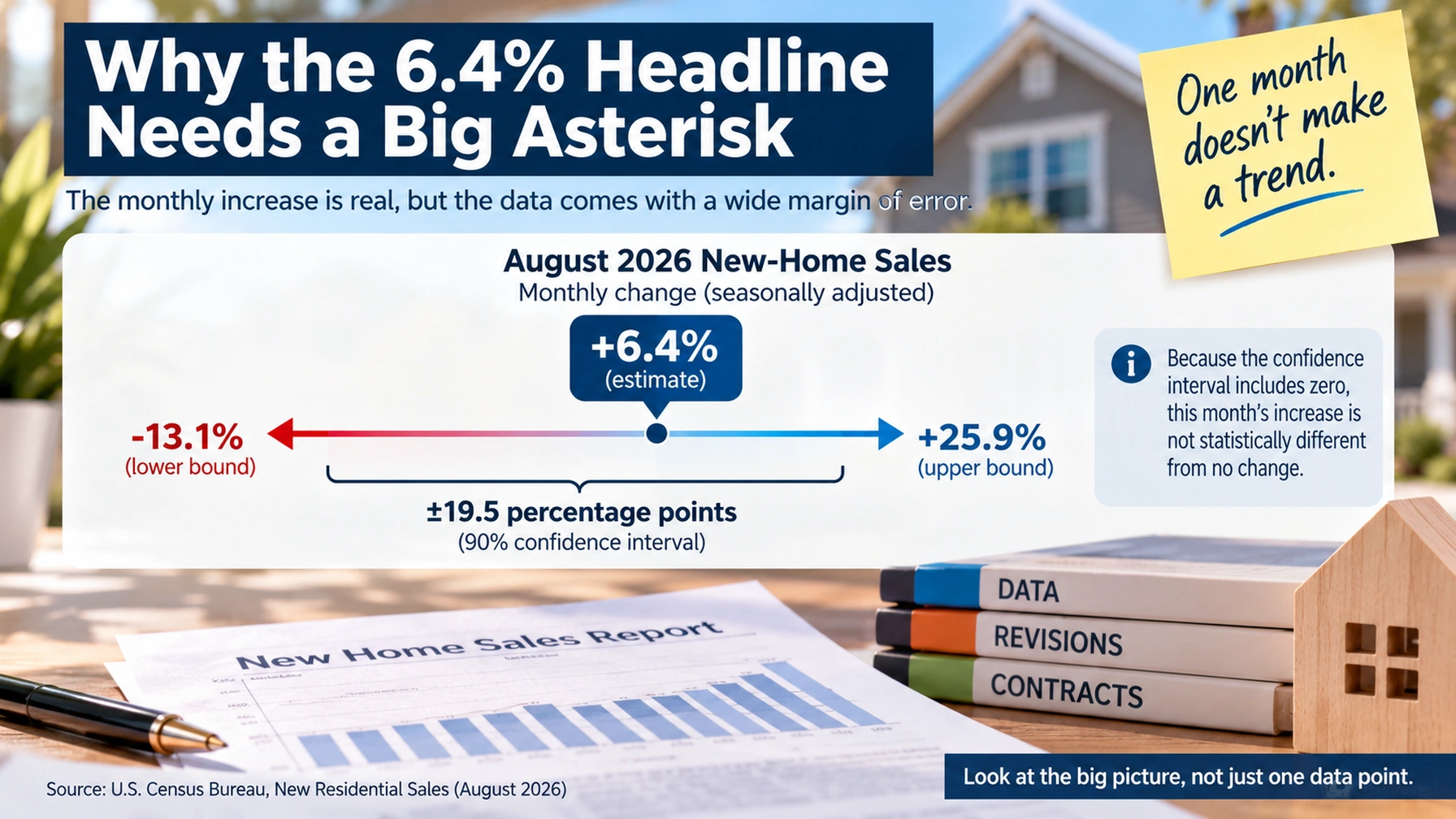 Statistical caution graphic explaining the wide uncertainty around the 6.4% monthly new-home sales increase