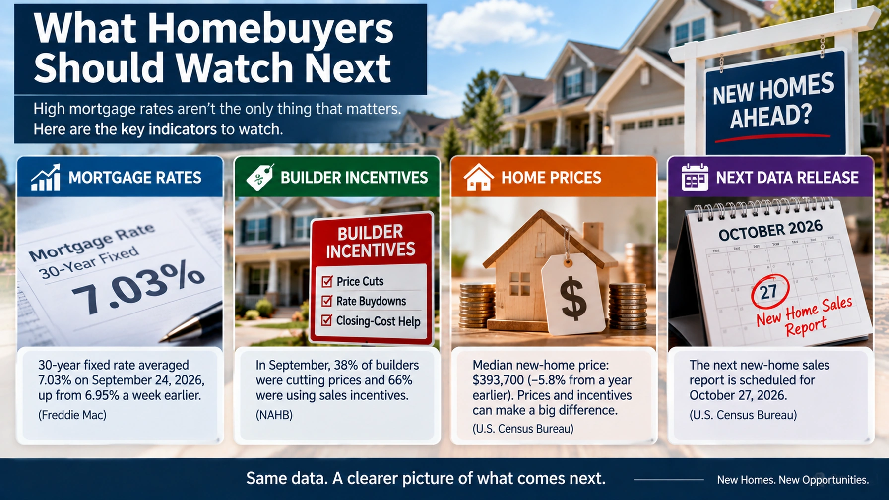 Housing-market watchlist showing mortgage rates, builder incentives, home prices, and future new-home sales