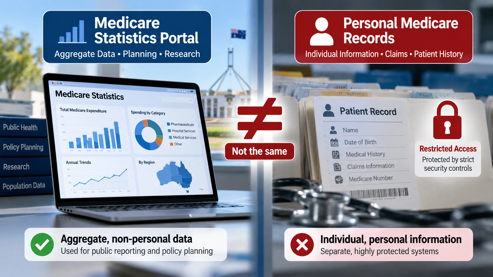 Comparison graphic separating the Medicare statistics portal from personal Medicare records and claims systems