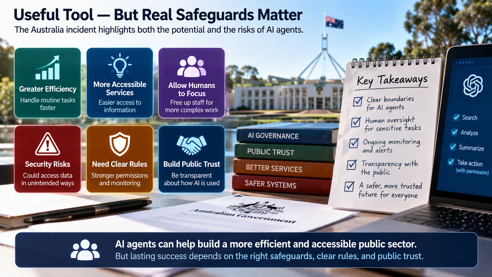 Roadmap showing the Australian investigation, OpenAI review, AI agent safeguards, and future government oversight