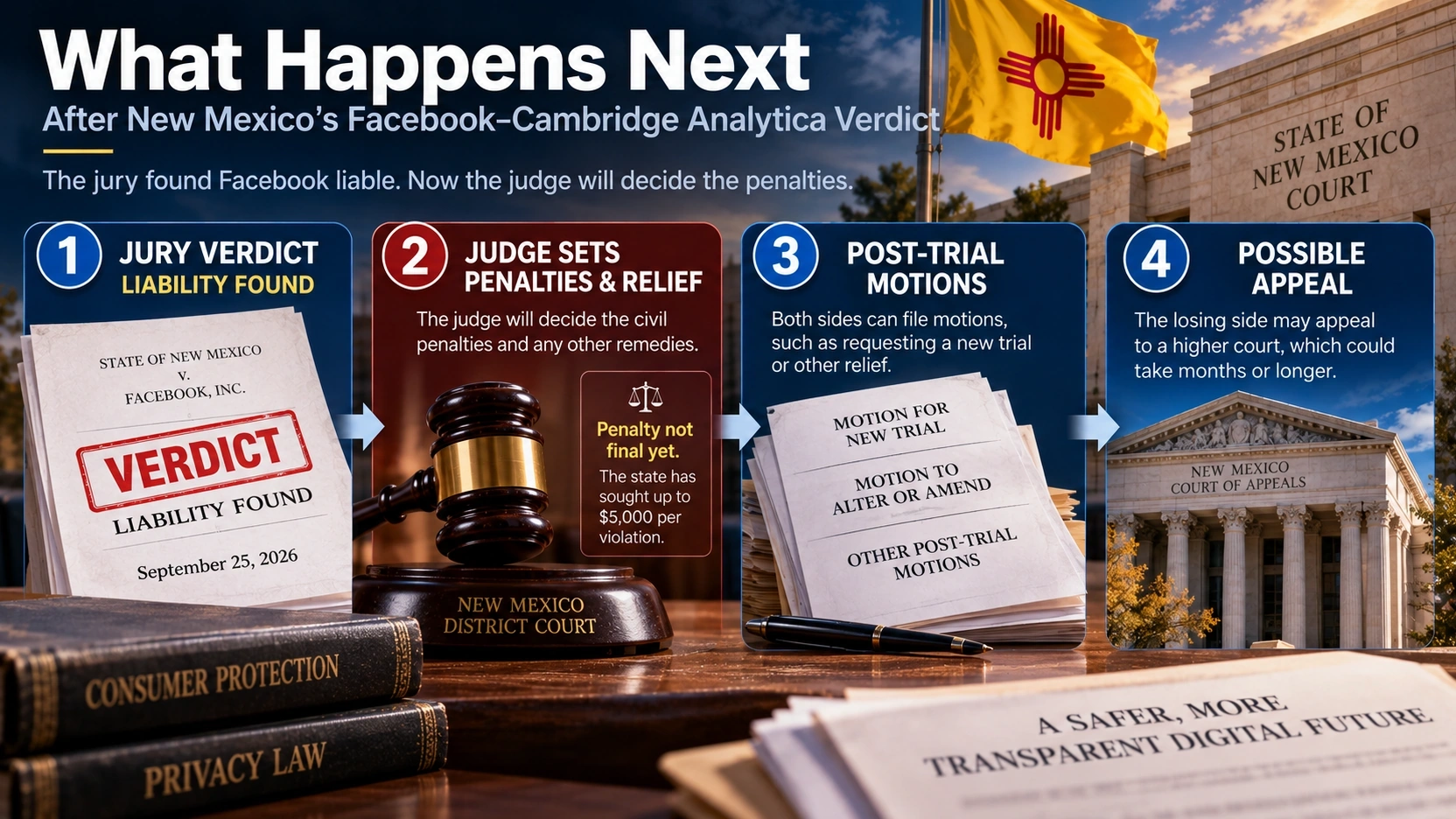 Legal flowchart showing the steps after the New Mexico Facebook privacy jury verdict