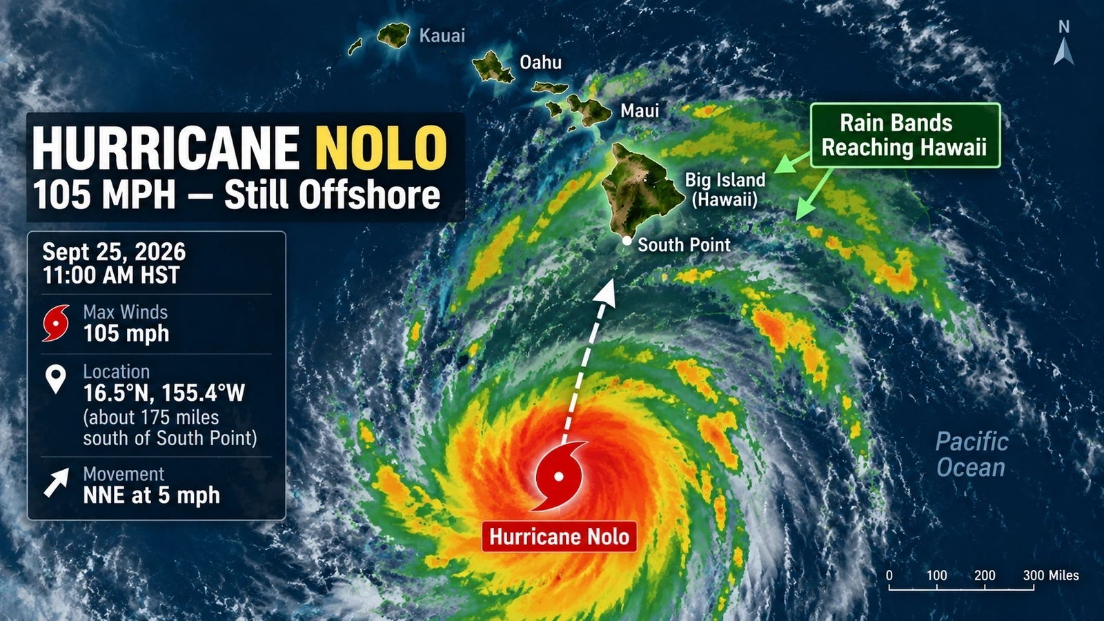 Map showing Hurricane Nolo south of the Big Island with its outer impacts extending toward Hawaii