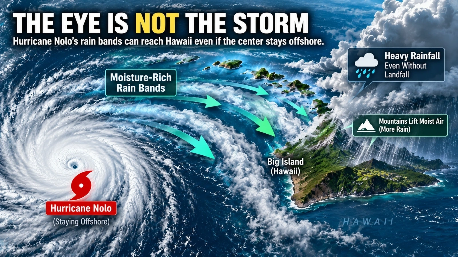 Diagram showing Hurricane Nolo rain bands carrying tropical moisture from offshore into the Big Island