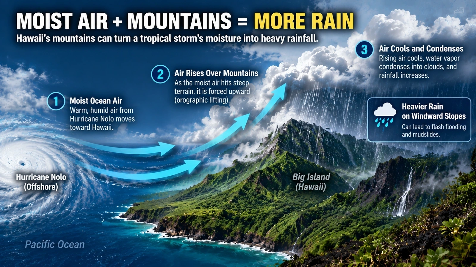 Cross-section diagram showing moist hurricane air rising over Big Island mountains and producing heavier rain