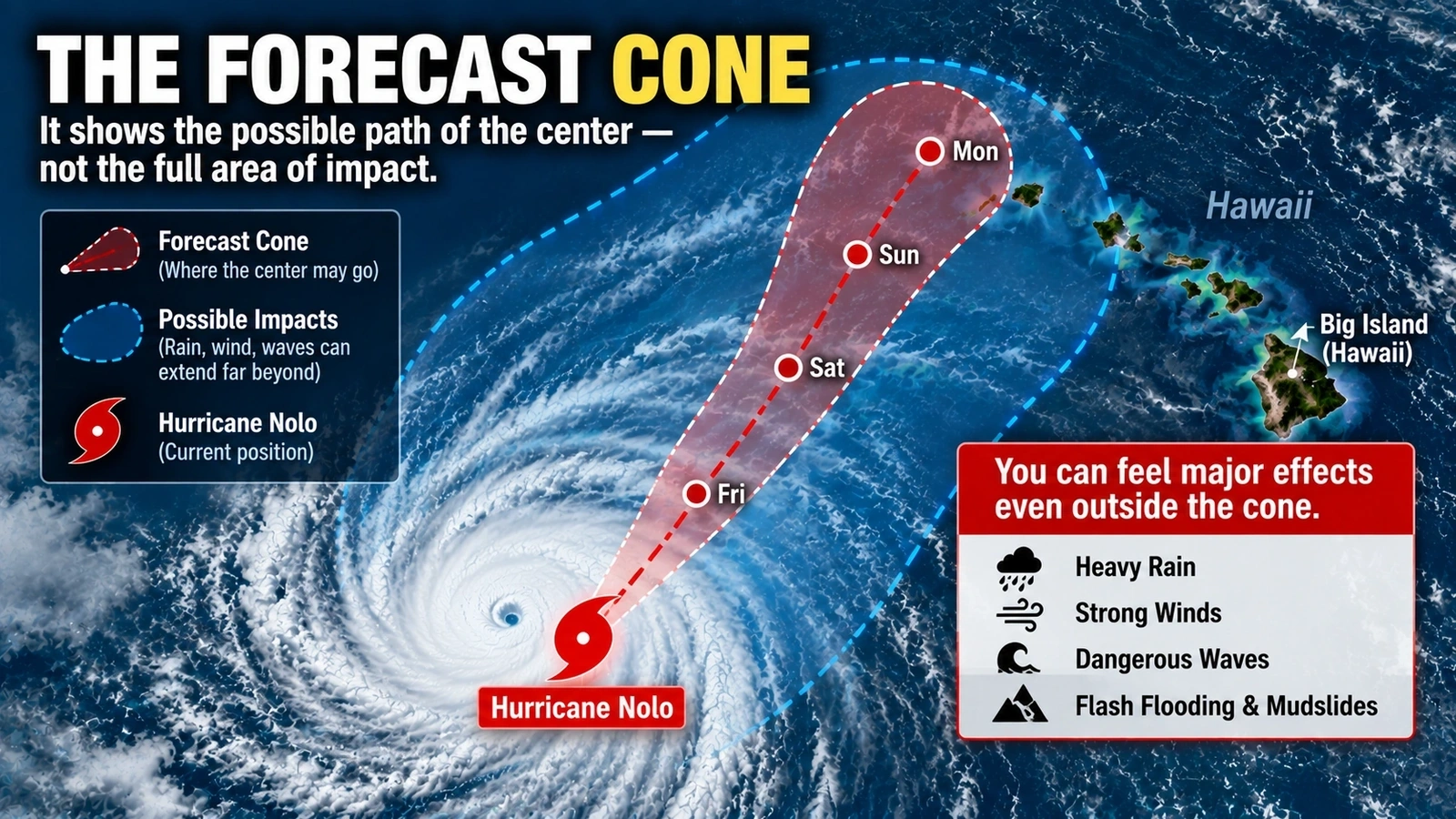 Infographic comparing a hurricane forecast cone with the much wider area that can experience rain and wind