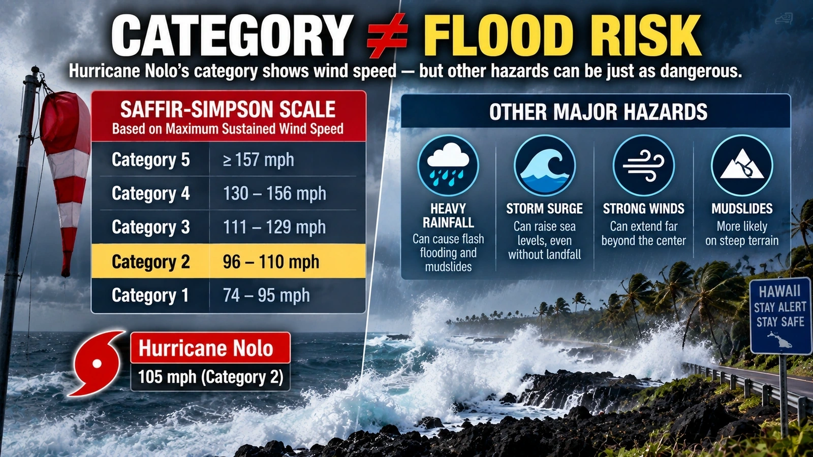 Infographic showing that hurricane category measures wind speed while flooding and storm surge are separate hazards
