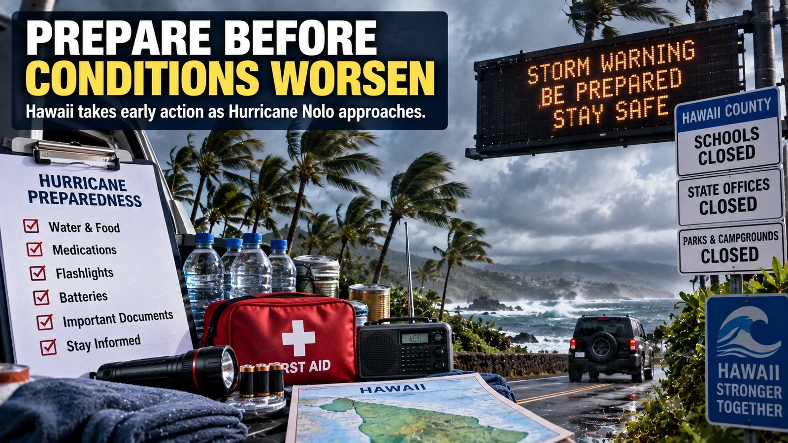 Hawaii preparedness infographic showing school closures, emergency preparation, flooding risk, and hurricane watches