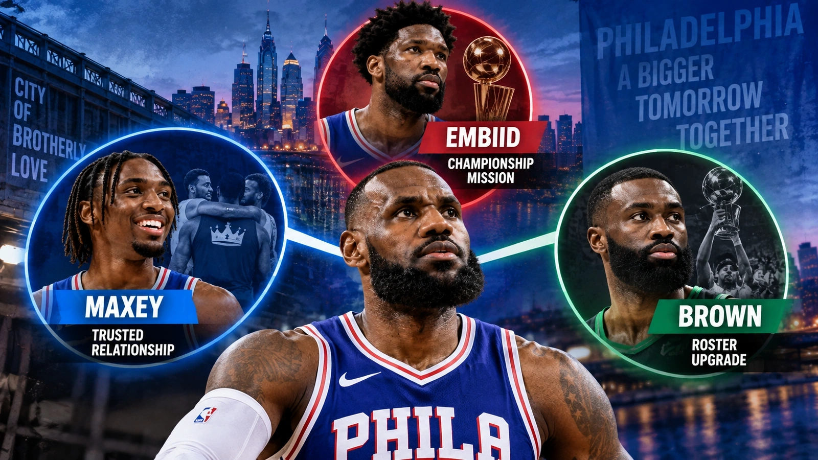 Relationship diagram showing how Tyrese Maxey, Joel Embiid and Jaylen Brown helped attract LeBron James to Philadelphia