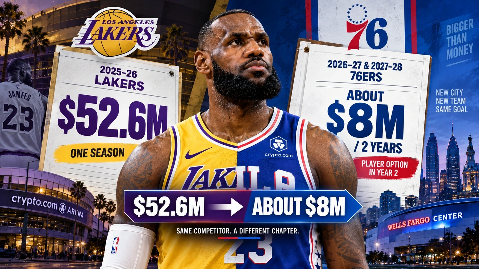 Salary comparison showing LeBron James earning about $52.6 million with the Lakers before signing a roughly $8 million two-year deal with Philadelphia