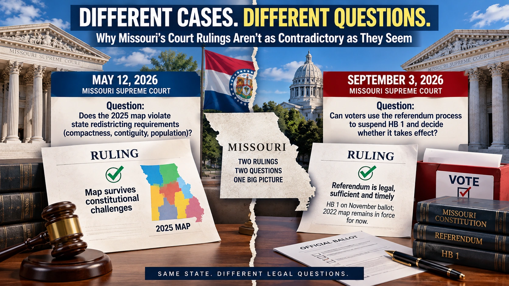 Infographic distinguishing Missouri court rulings on the legality of the 2025 map from later rulings on the referendum
