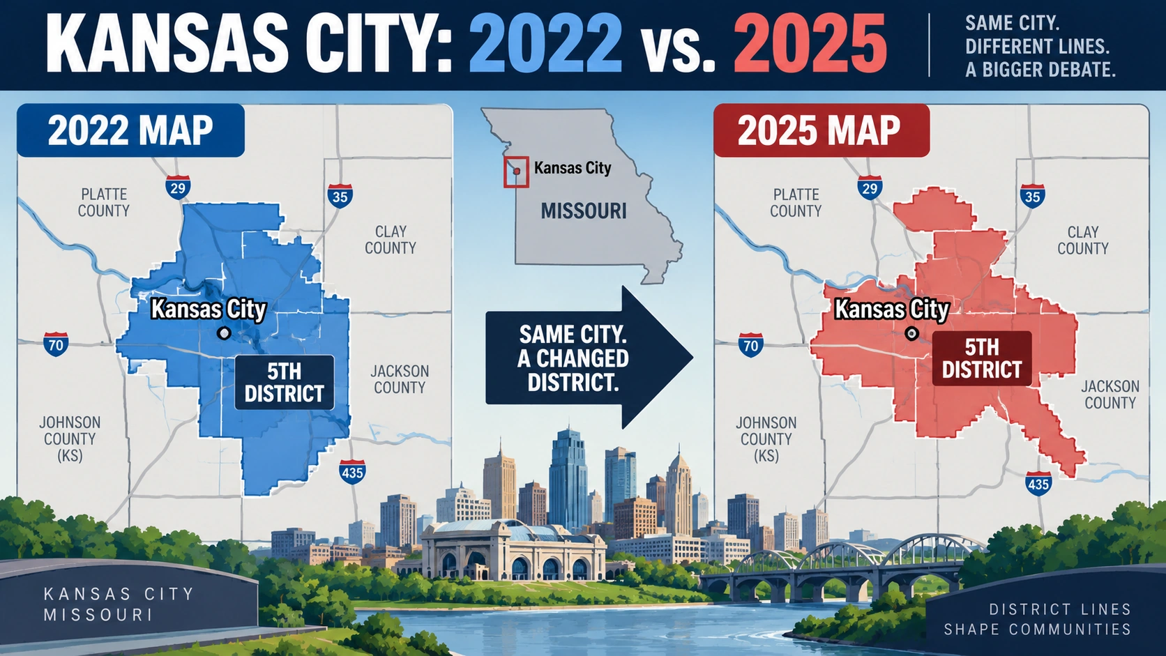 Map-based infographic showing how Missouri's 2025 congressional plan would divide the Kansas City area differently from the 2022 map