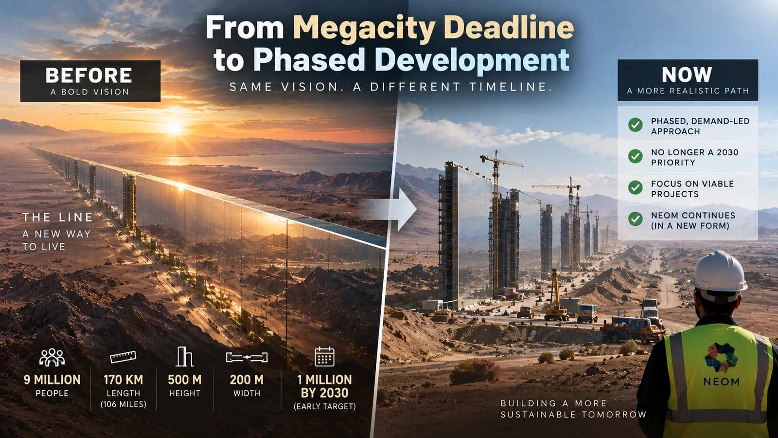 Before-and-after infographic comparing the original vision for The Line with its lower priority in Saudi Arabia's 2026 strategy