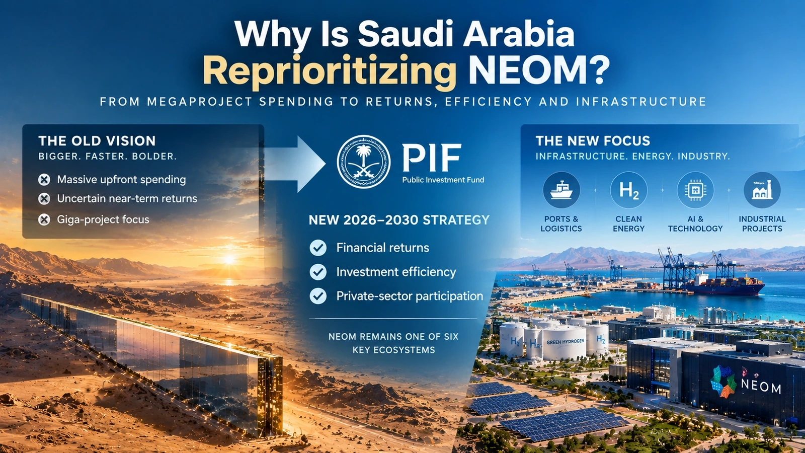 Flow diagram showing Saudi Arabia shifting investment priorities toward returns, infrastructure and private-sector participation