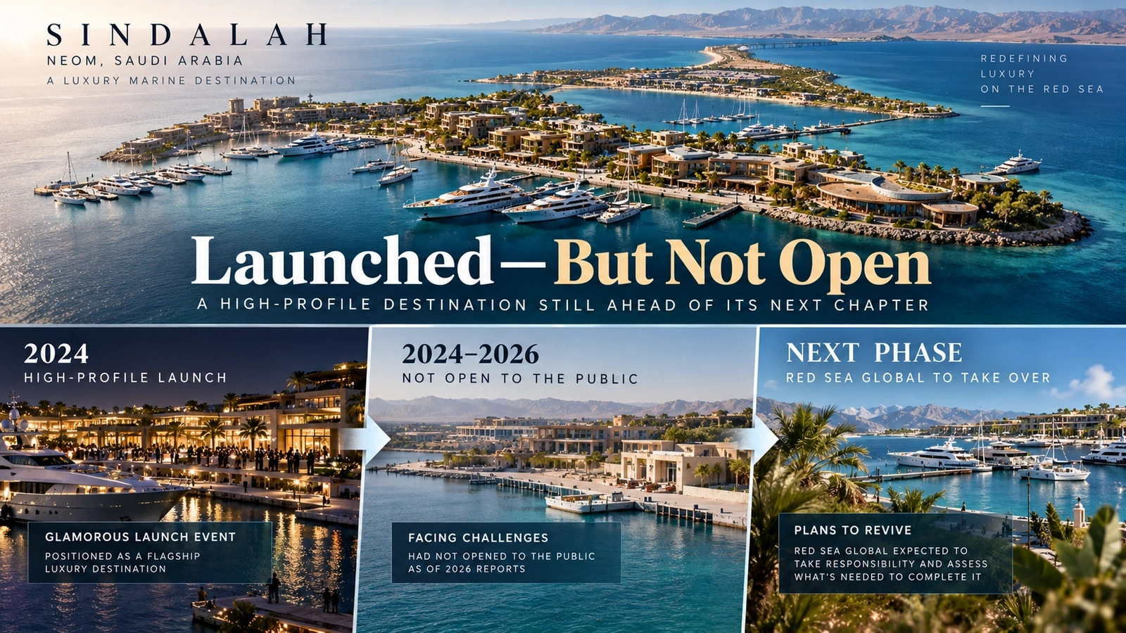 Editorial infographic showing Sindalah's luxury resort launch followed by plans for Red Sea Global to take over the project