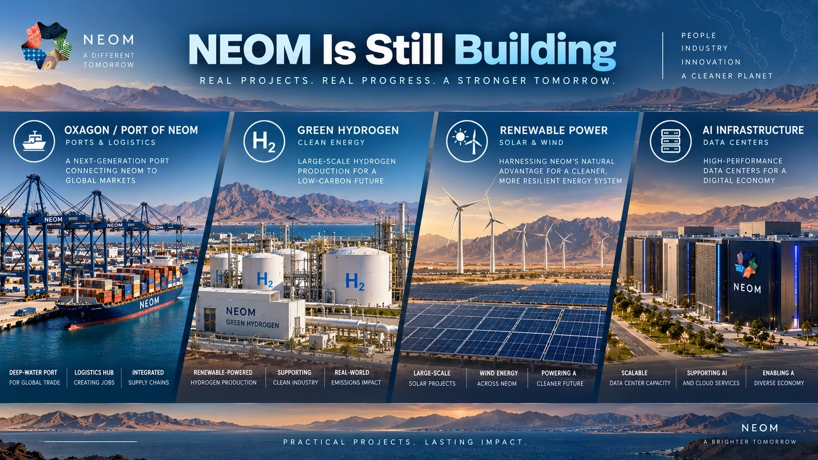 Infographic showing active NEOM projects including Oxagon, the green hydrogen plant, Port of NEOM and an AI data center
