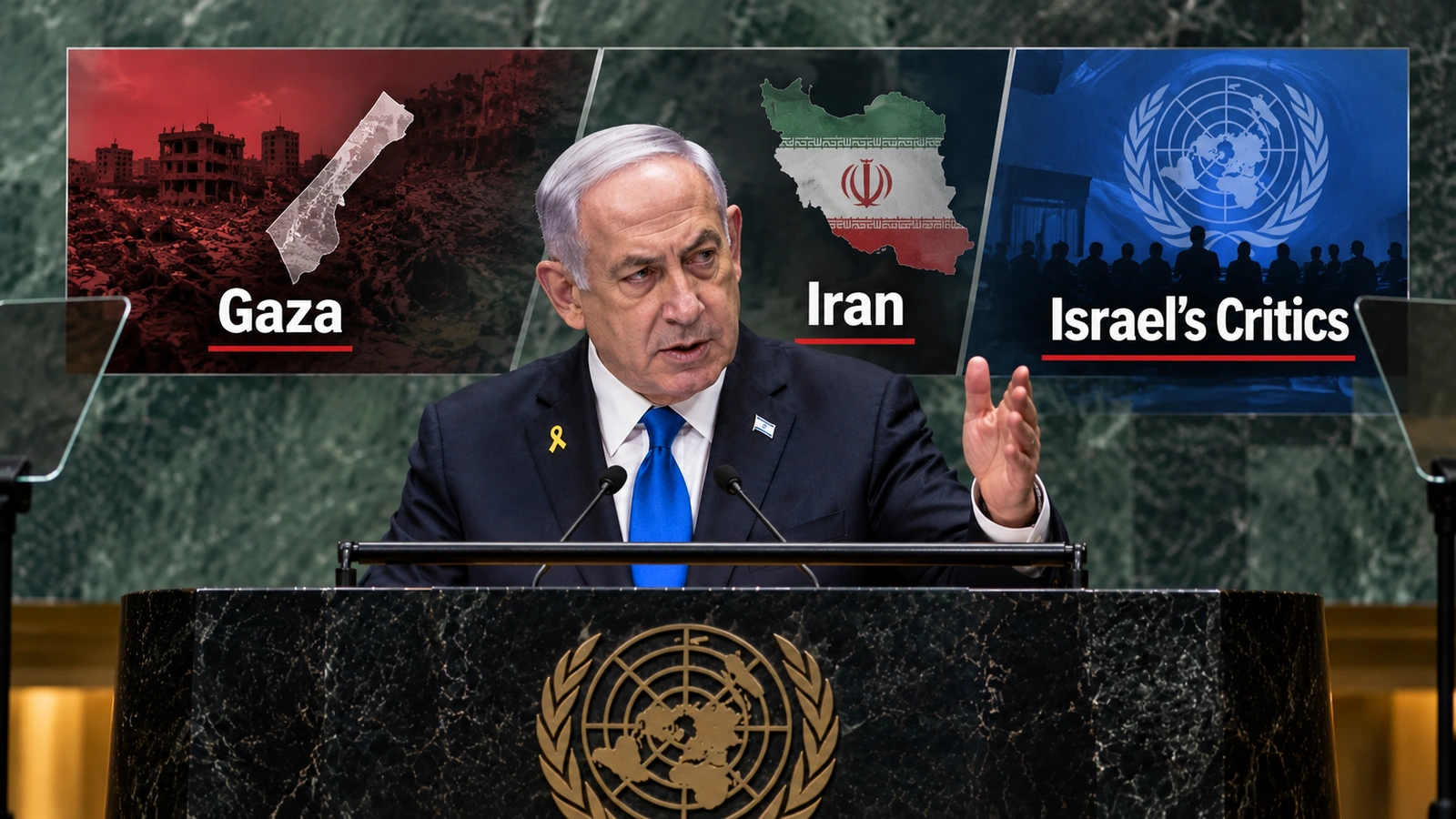 Editorial infographic showing Benjamin Netanyahu’s United Nations speech themes including Gaza, Iran and international criticism