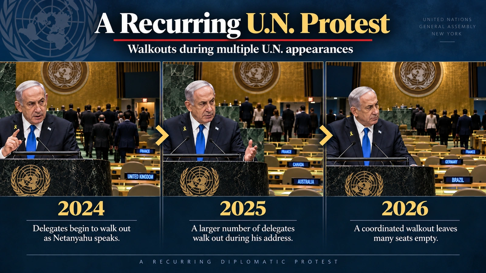 Timeline comparing United Nations walkouts during Benjamin Netanyahu speeches in 2024, 2025 and 2026