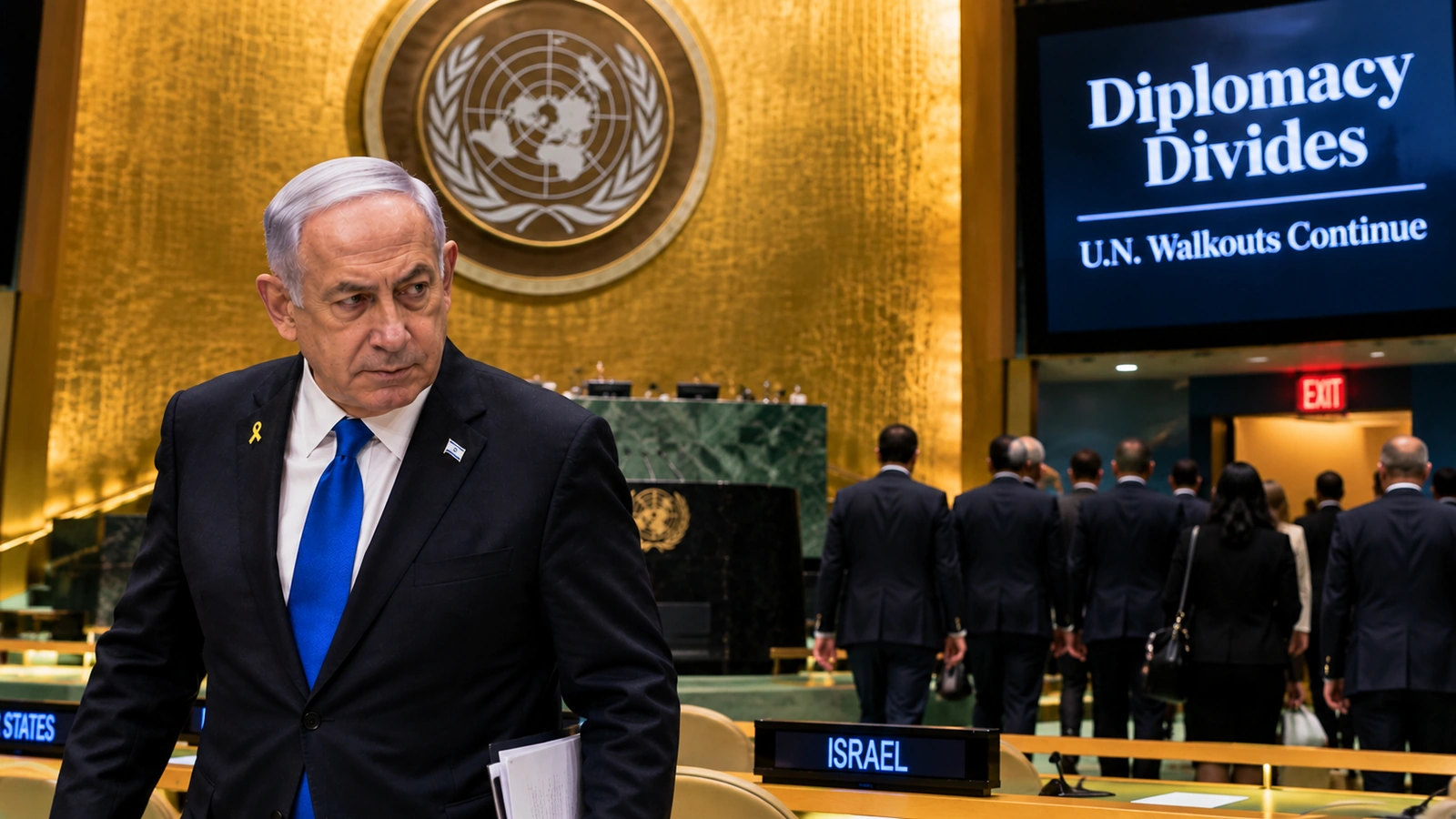Infographic linking the Netanyahu United Nations walkout to U.S. policy, Gaza diplomacy, Iran and international legal disputes