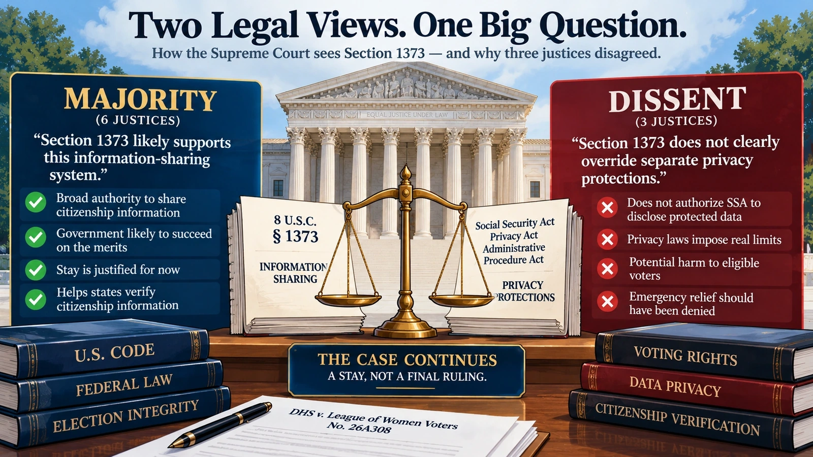 Neutral legal comparison of the Supreme Court majority and dissent over Section 1373 and federal privacy protections