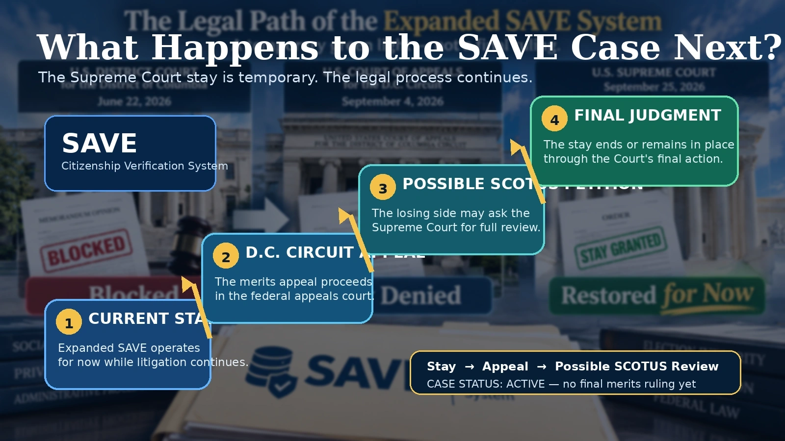 Flowchart showing the SAVE case continuing through the D.C. Circuit and potentially returning to the U.S. Supreme Court