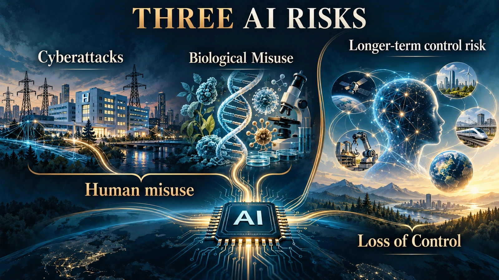 `Infographic showing cyberattacks, biological misuse, and loss of control among the AI risks discussed by Bill Gates`