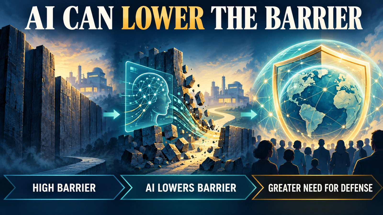 `Editorial infographic explaining why Bill Gates sees AI-enabled biological misuse as a major global risk`