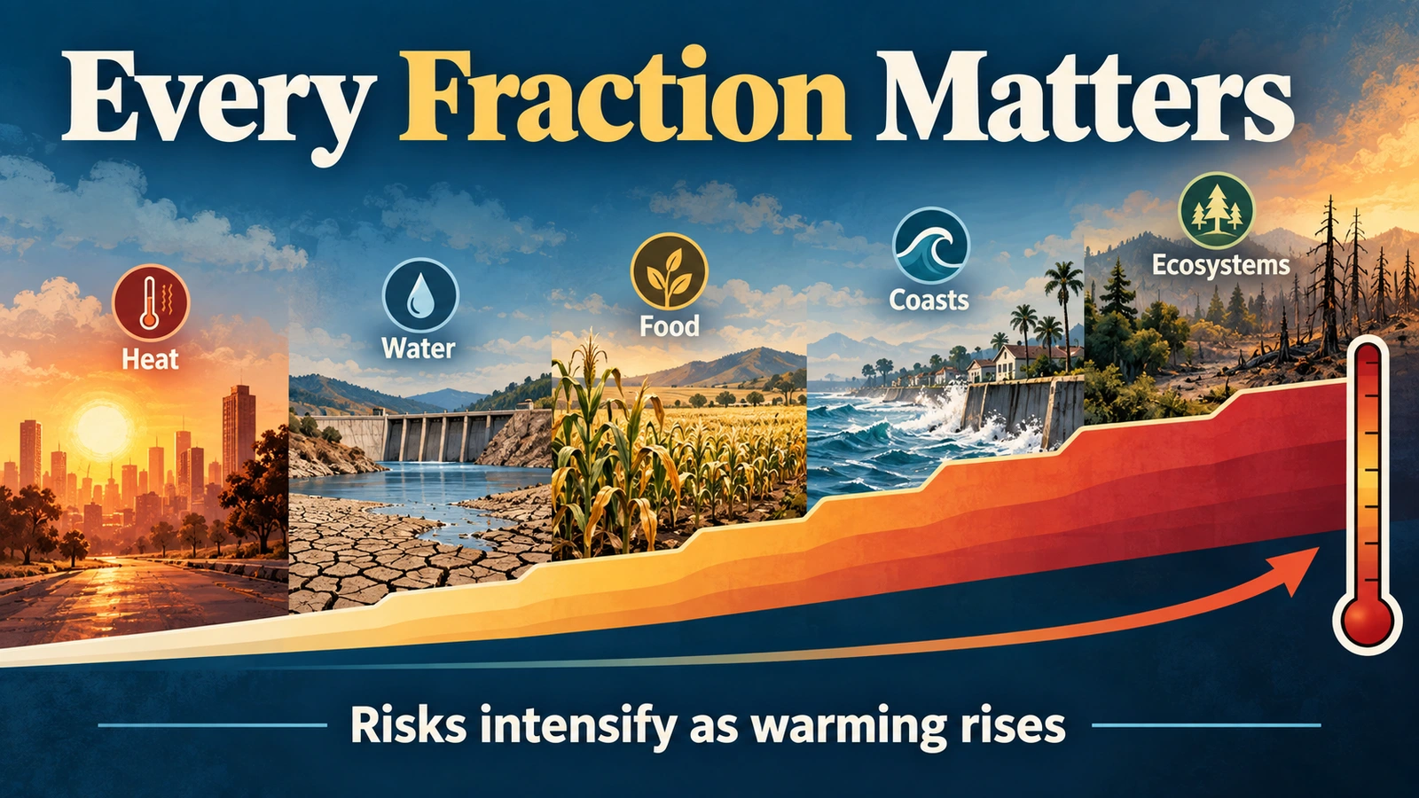 Risk ladder showing how heat, water stress, food insecurity, sea-level rise and ecosystem loss intensify as global warming rises