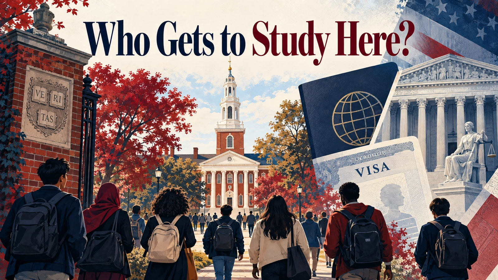 `Editorial infographic showing international students at Harvard alongside visa and federal policy symbols`