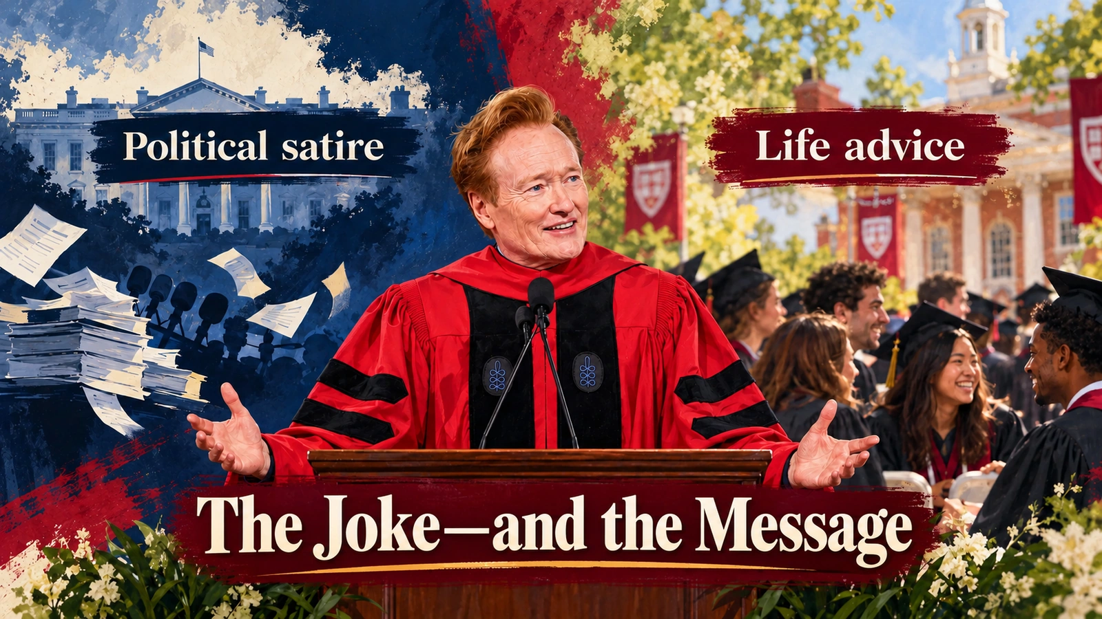 `Split editorial graphic comparing the political satire and personal message in Conan O’Brien’s Harvard speech`