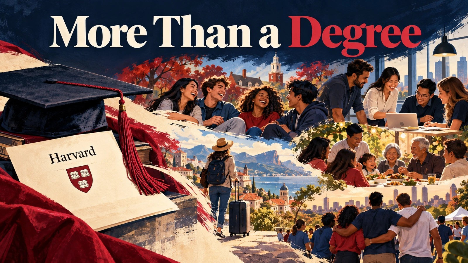 `Editorial illustration contrasting a Harvard diploma with friendships, work, travel and community`
