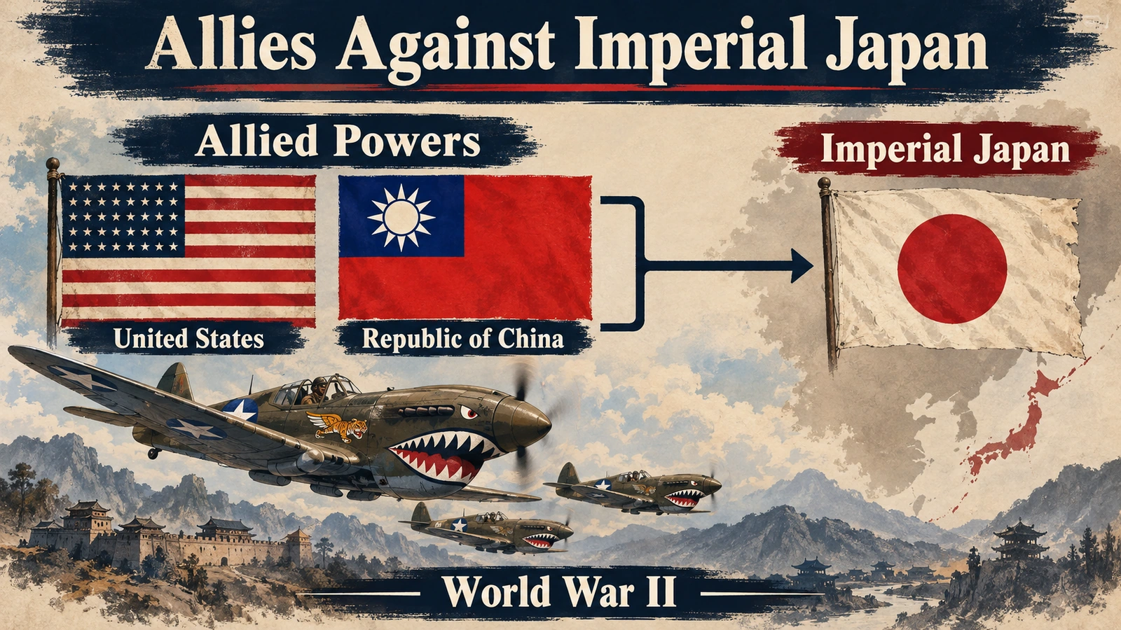 Infographic showing the United States and Republic of China as Allied powers fighting Imperial Japan during World War II