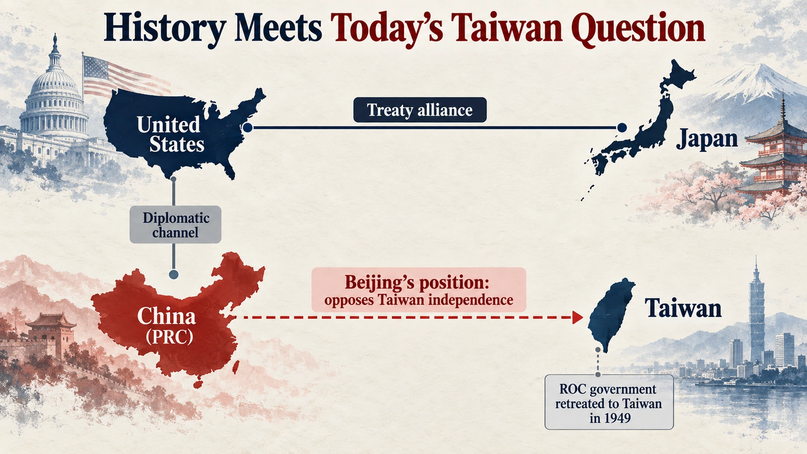 Neutral relationship diagram linking the United States, Japan, China, and Taiwan through current security and historical issues