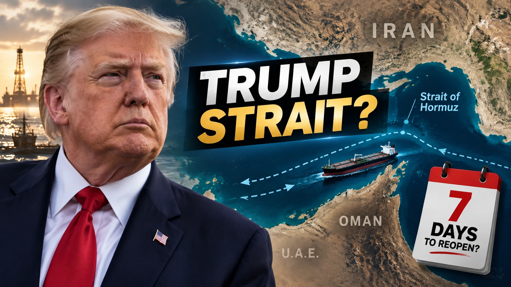Editorial illustration of Donald Trump beside a map of the Strait of Hormuz labeled Trump Strait with a question mark