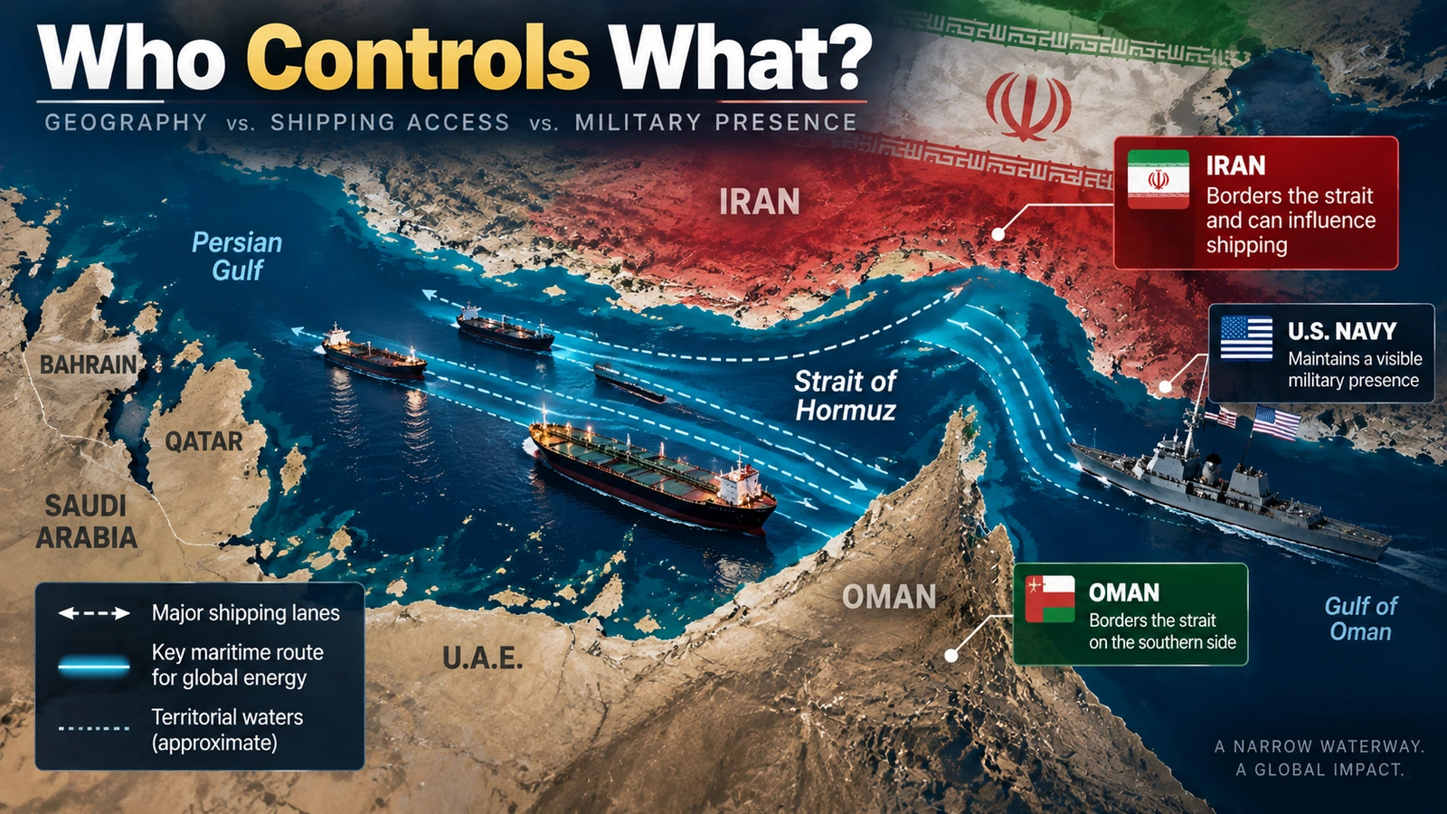 `Map explaining the difference between geography, military control and shipping access in the Strait of Hormuz`